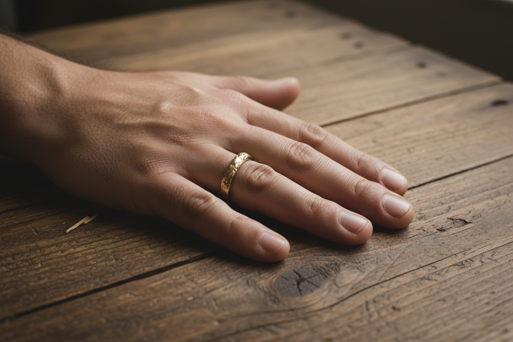 Gold hammered band - fingers spread