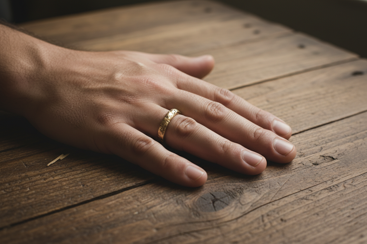 Gold hammered band - fingers spread