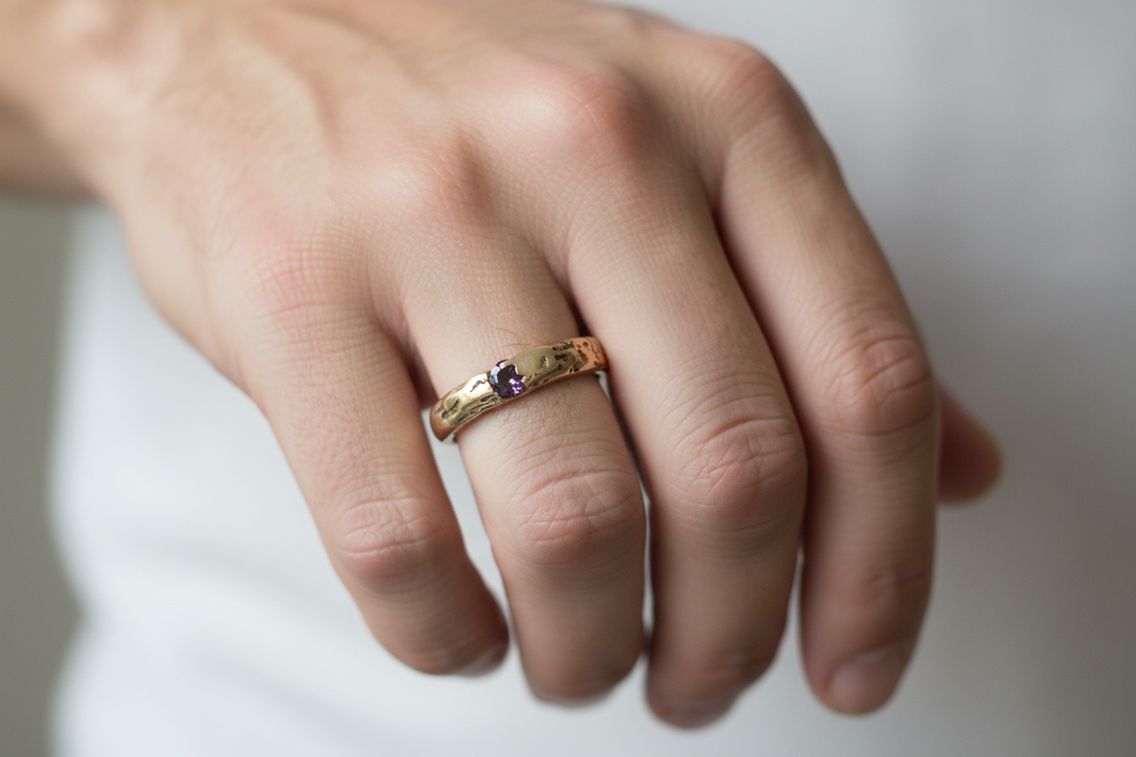 Gold hammered band with stone - relaxed hand