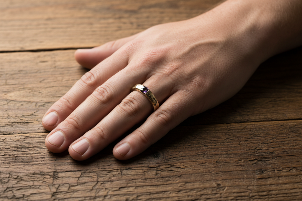 Gold hammered band with stone - wood surface