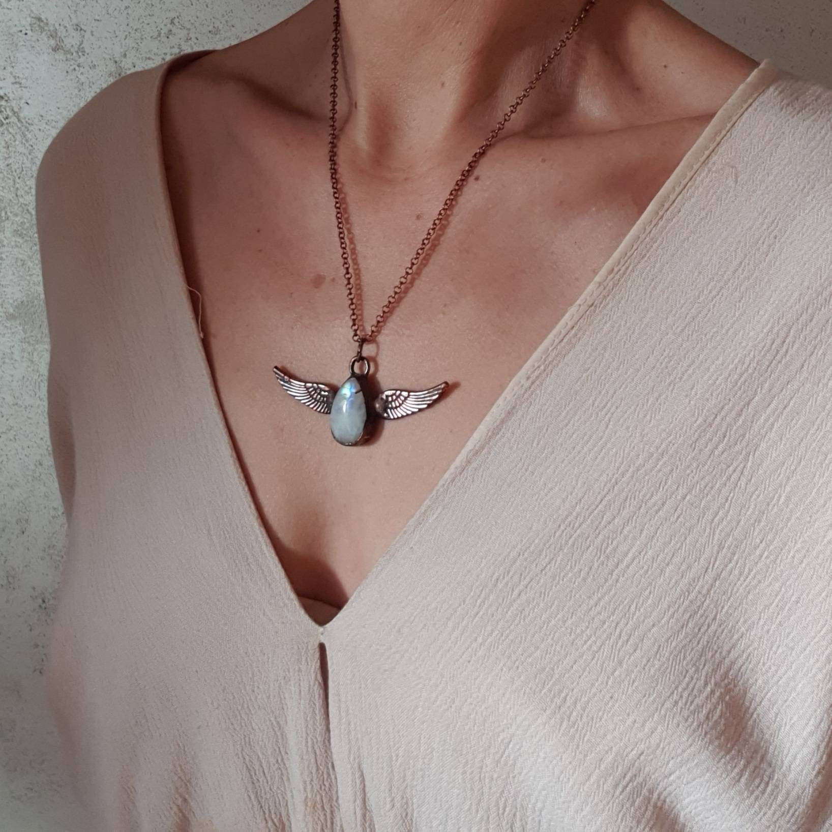 Copper Angel Wing Moonstone Necklace