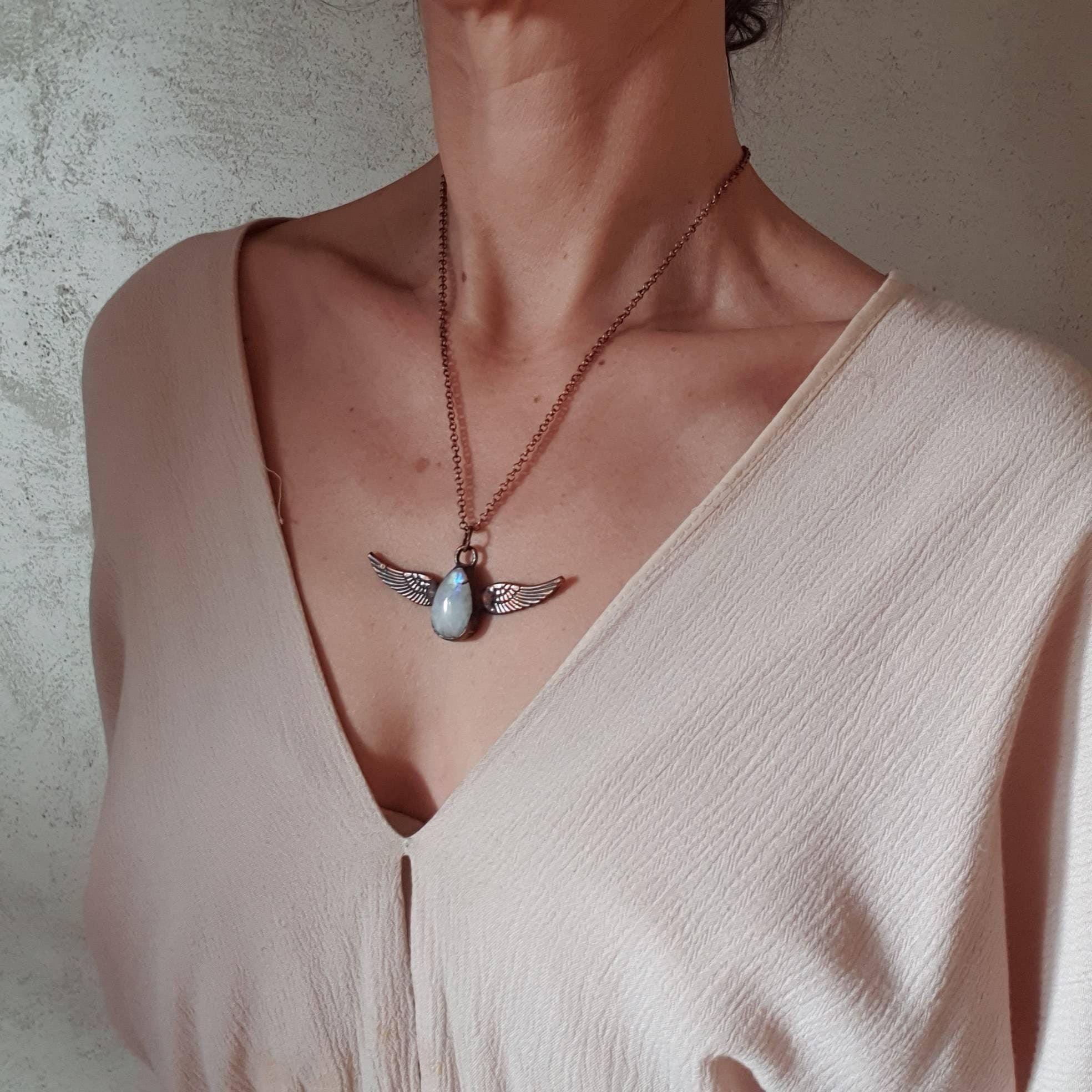 Copper Angel Wing Moonstone Necklace