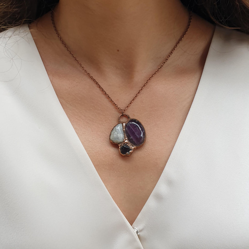 Amethyst, Moonstone & Garnet copper necklace