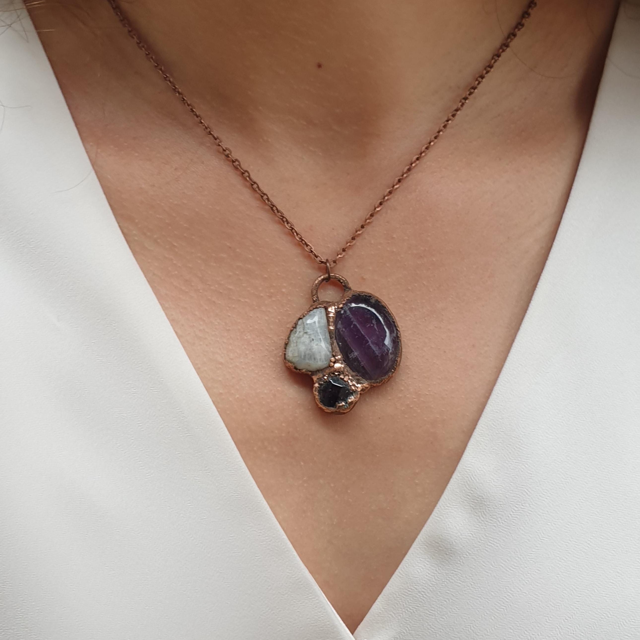Amethyst, Moonstone & Garnet copper necklace