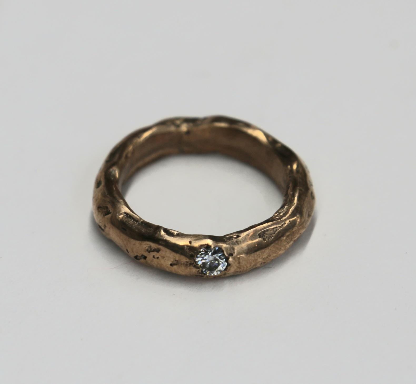 Covenant Ring 4.5US sandcast copper band rustic elegant stacking ring with moissanite