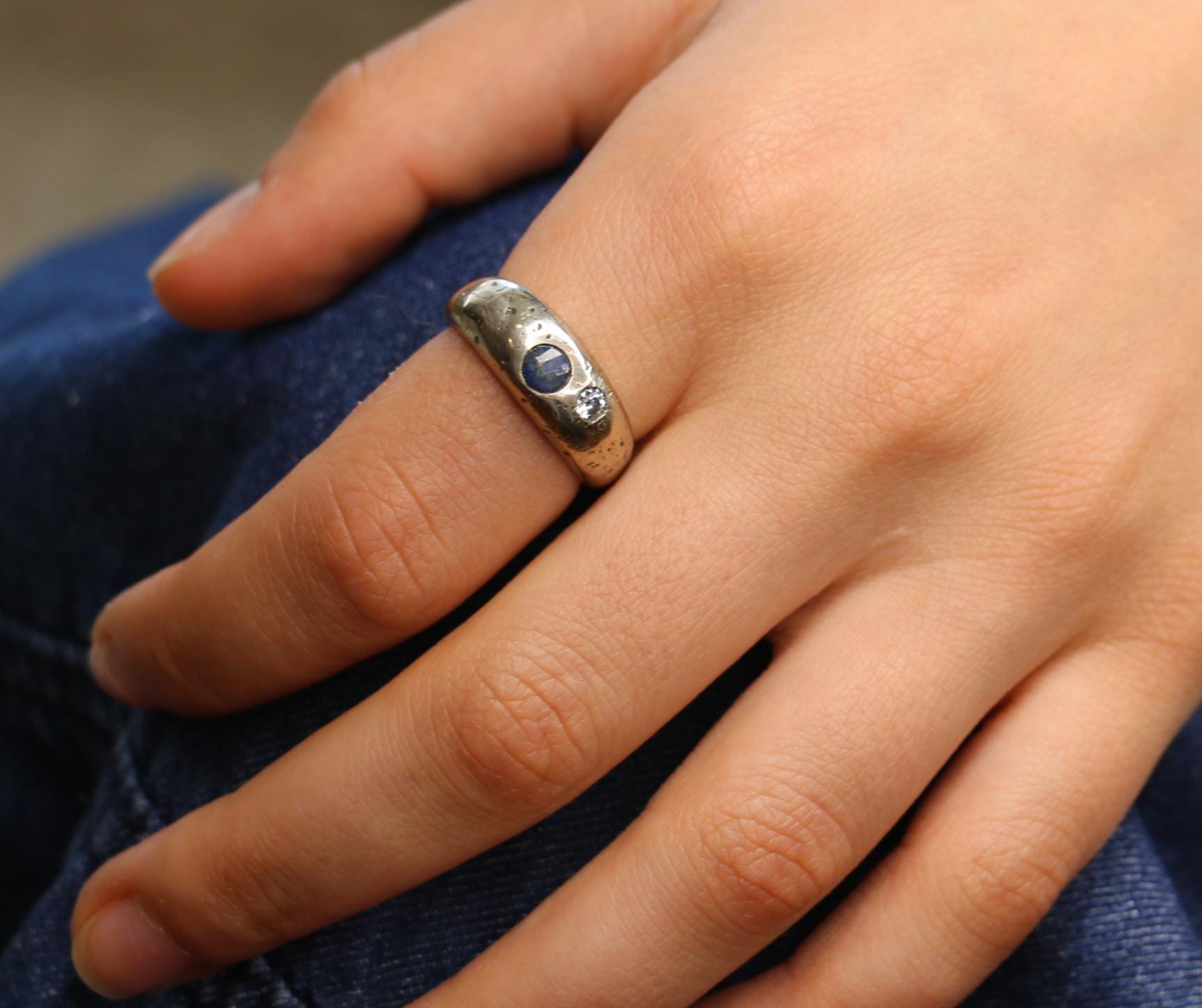 Esther dome ring with lapis lazuli and moissanite