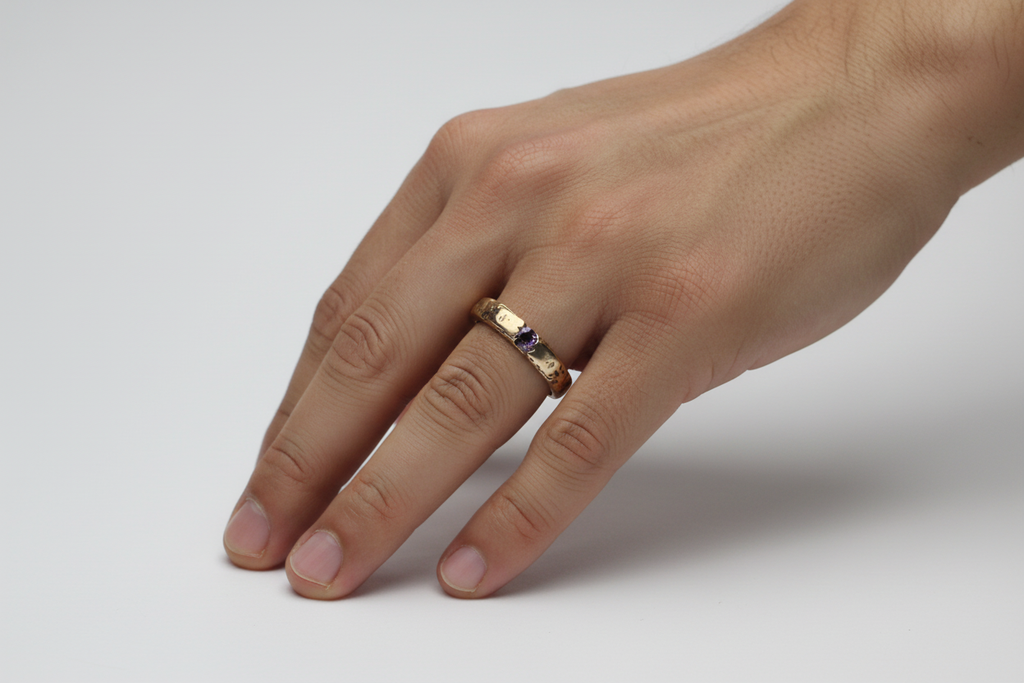 Man's hand wearing 5mm gold band ring - version 3
