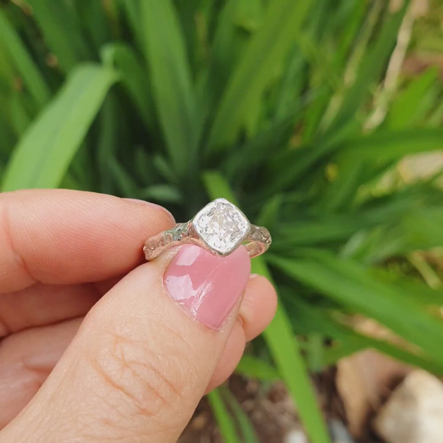 Cherish silver organic ring 1ct Moissanite cushion cut