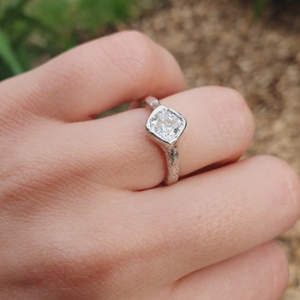 Cherish silver organic ring 1ct Moissanite cushion cut