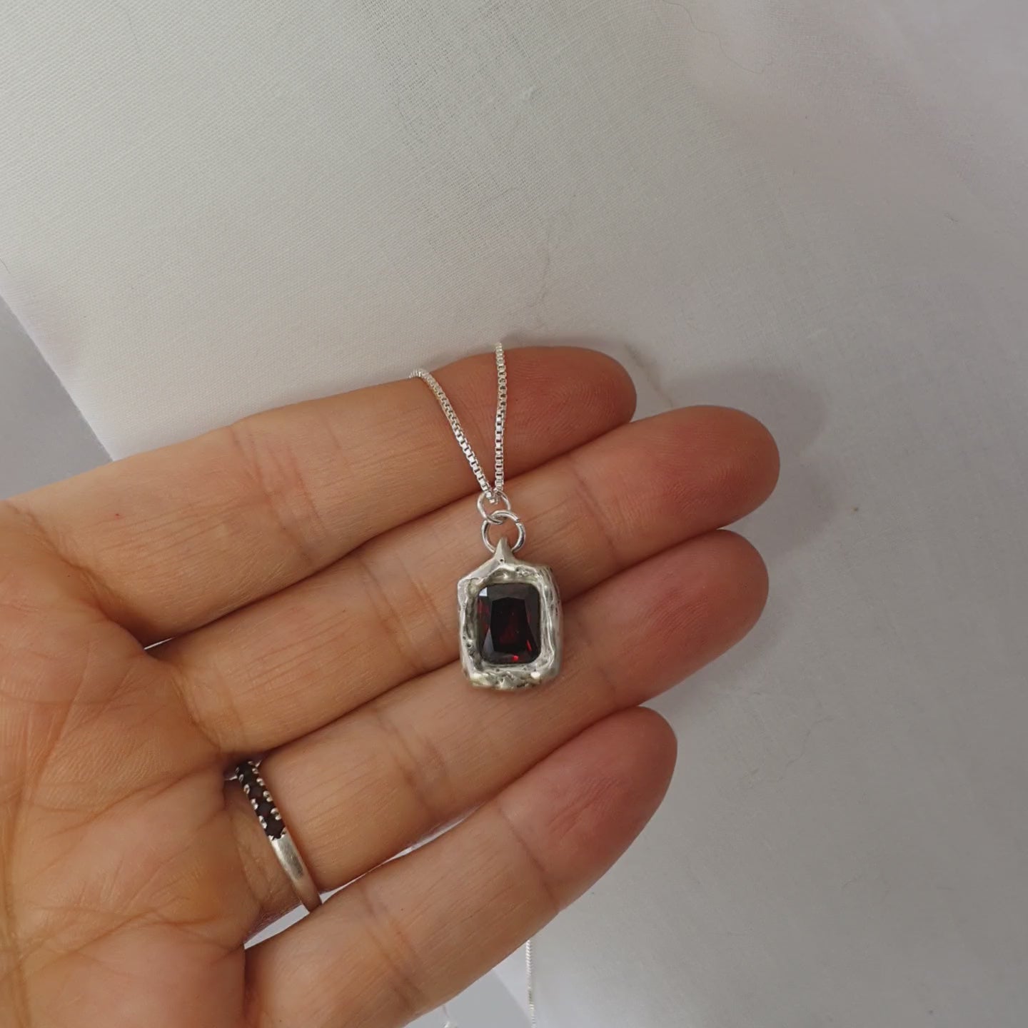 Stirling sillver sandcast garnet pendant necklace handmade