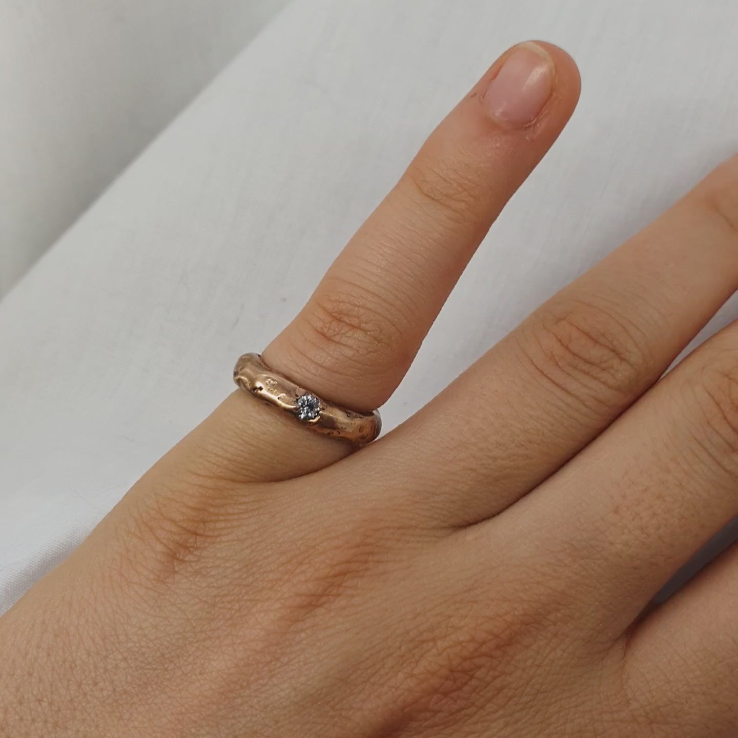 Covenant Ring 4.5US sandcast copper band rustic elegant stacking ring with moissanite