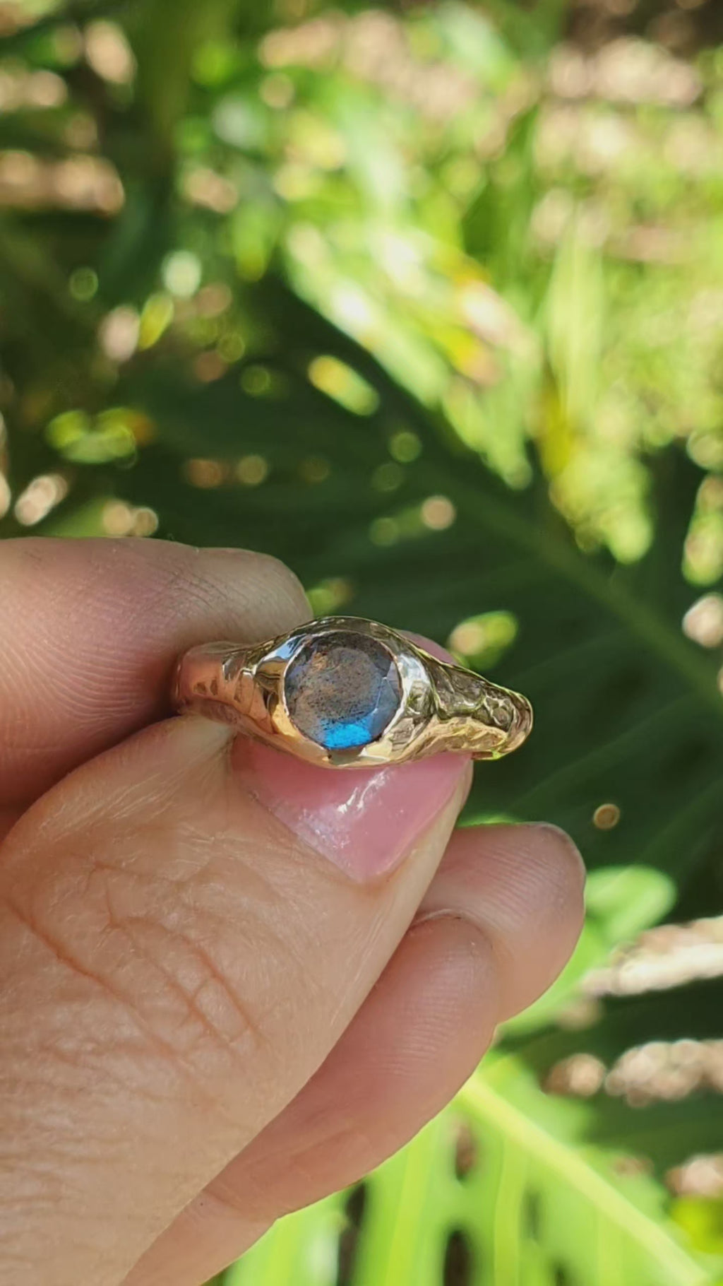 Labradorite 9ct gold organic ring |sandcast textured unique engagement ring