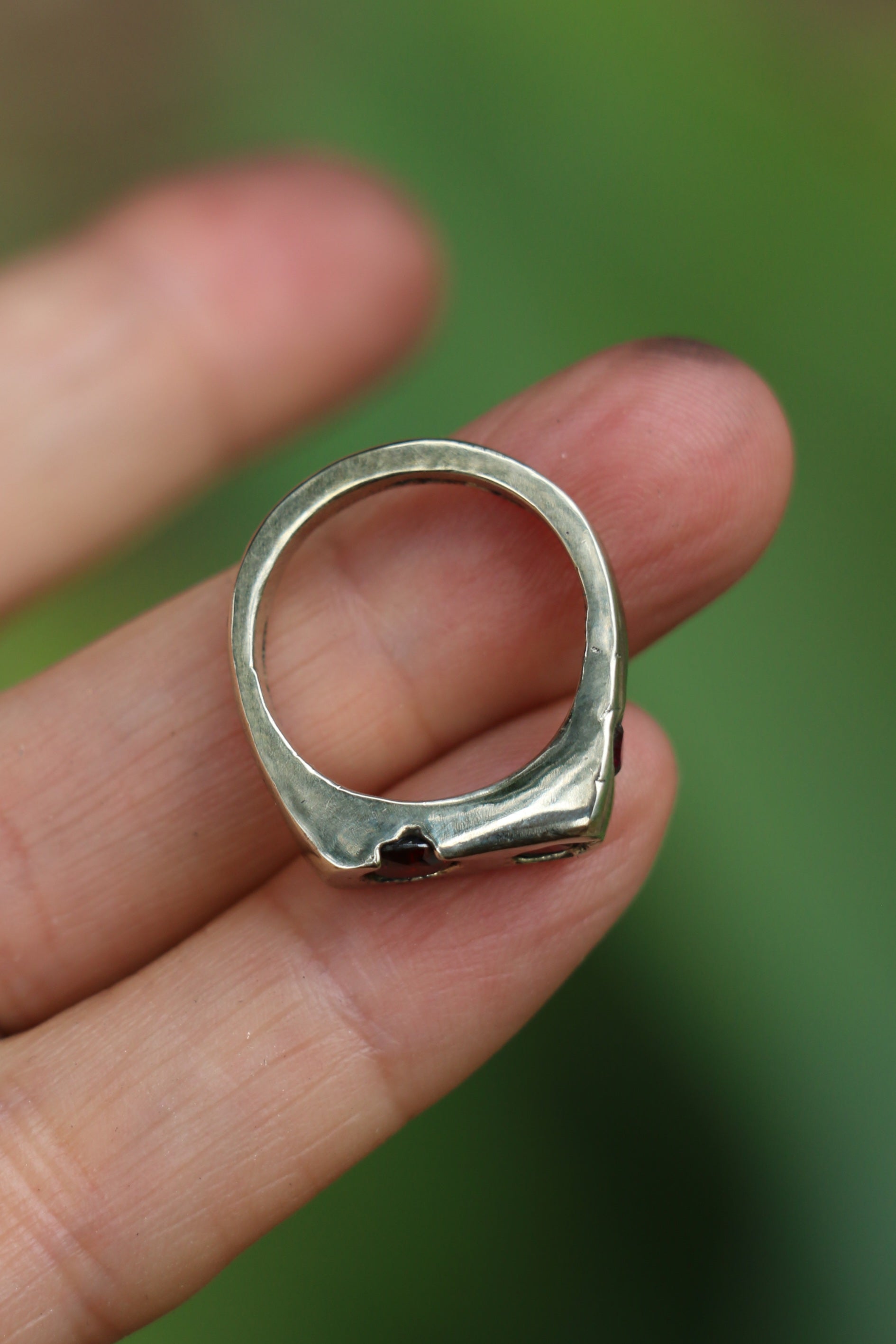 Bronze sandcast Signet Ring with garnet zircon Size 6