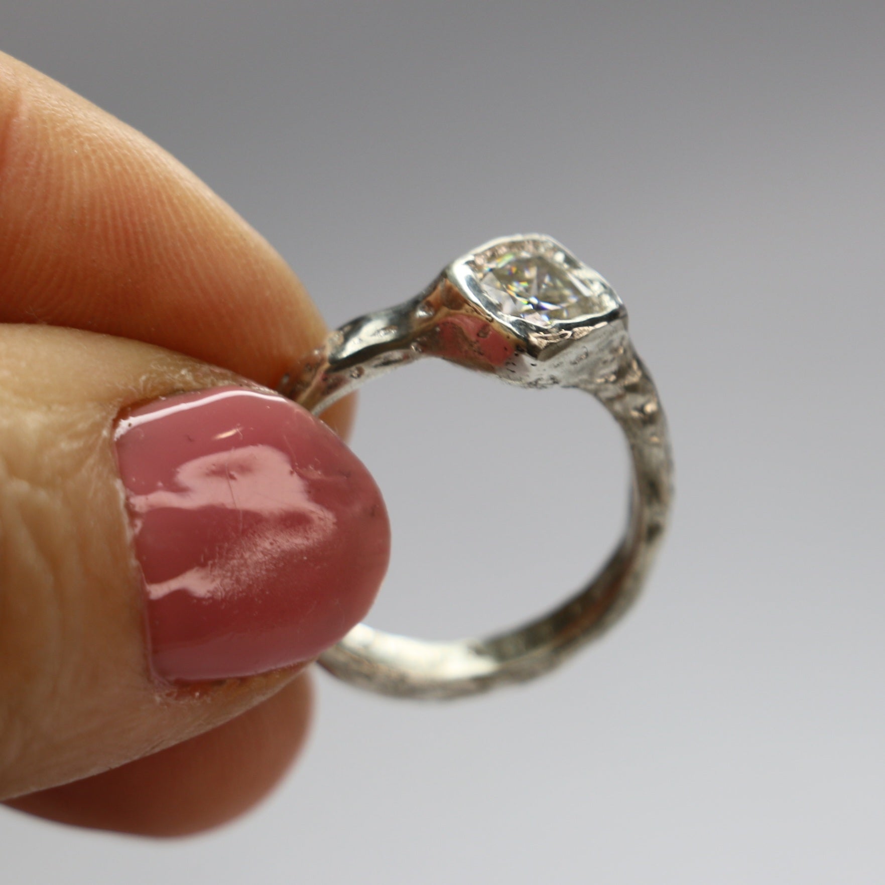 Cherish silver organic ring 1ct Moissanite cushion cut