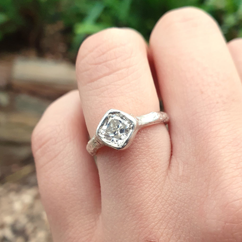 Cherish silver organic ring 1ct Moissanite cushion cut