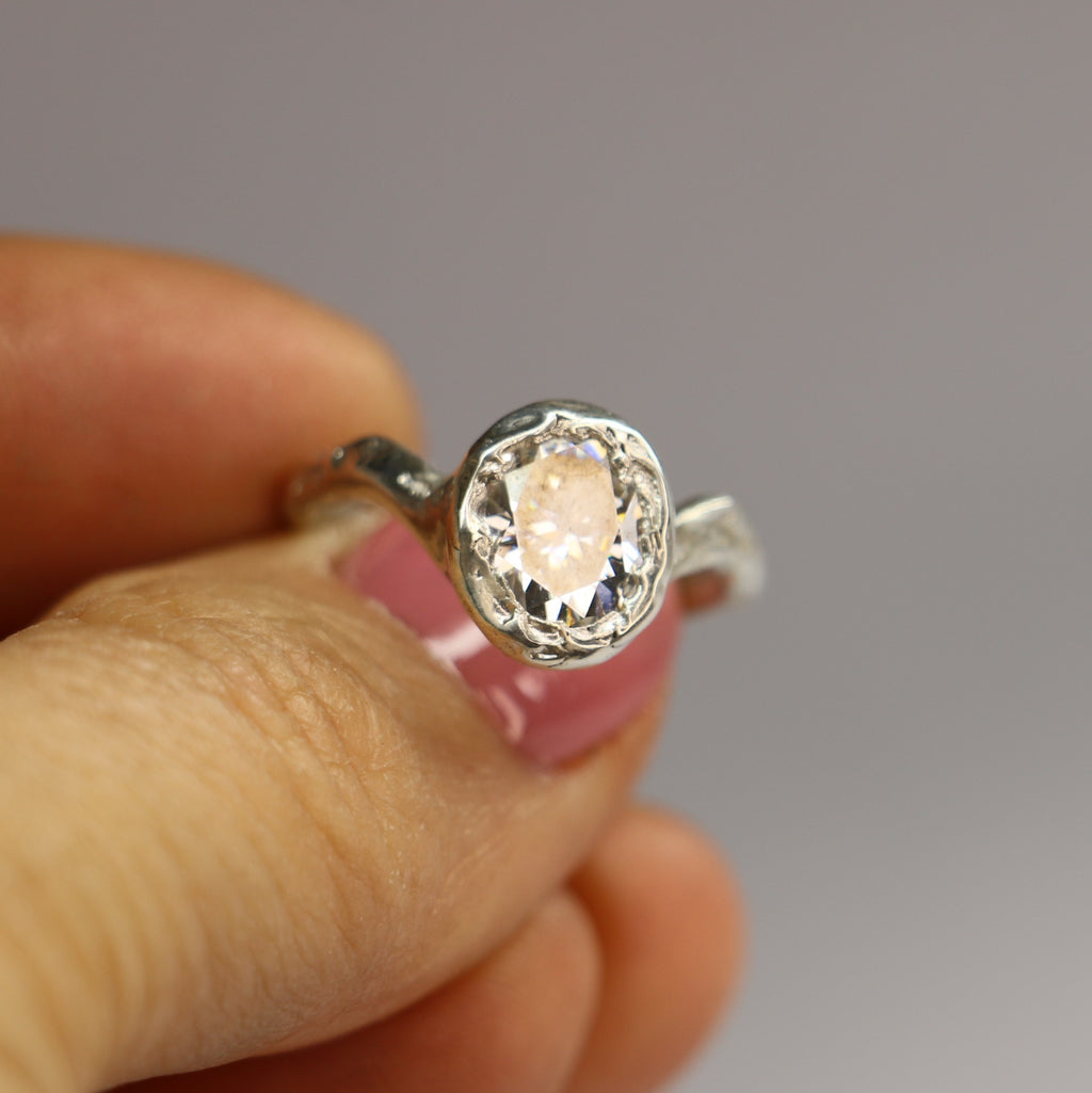 Ember silver organic ring .8ct Moissanite