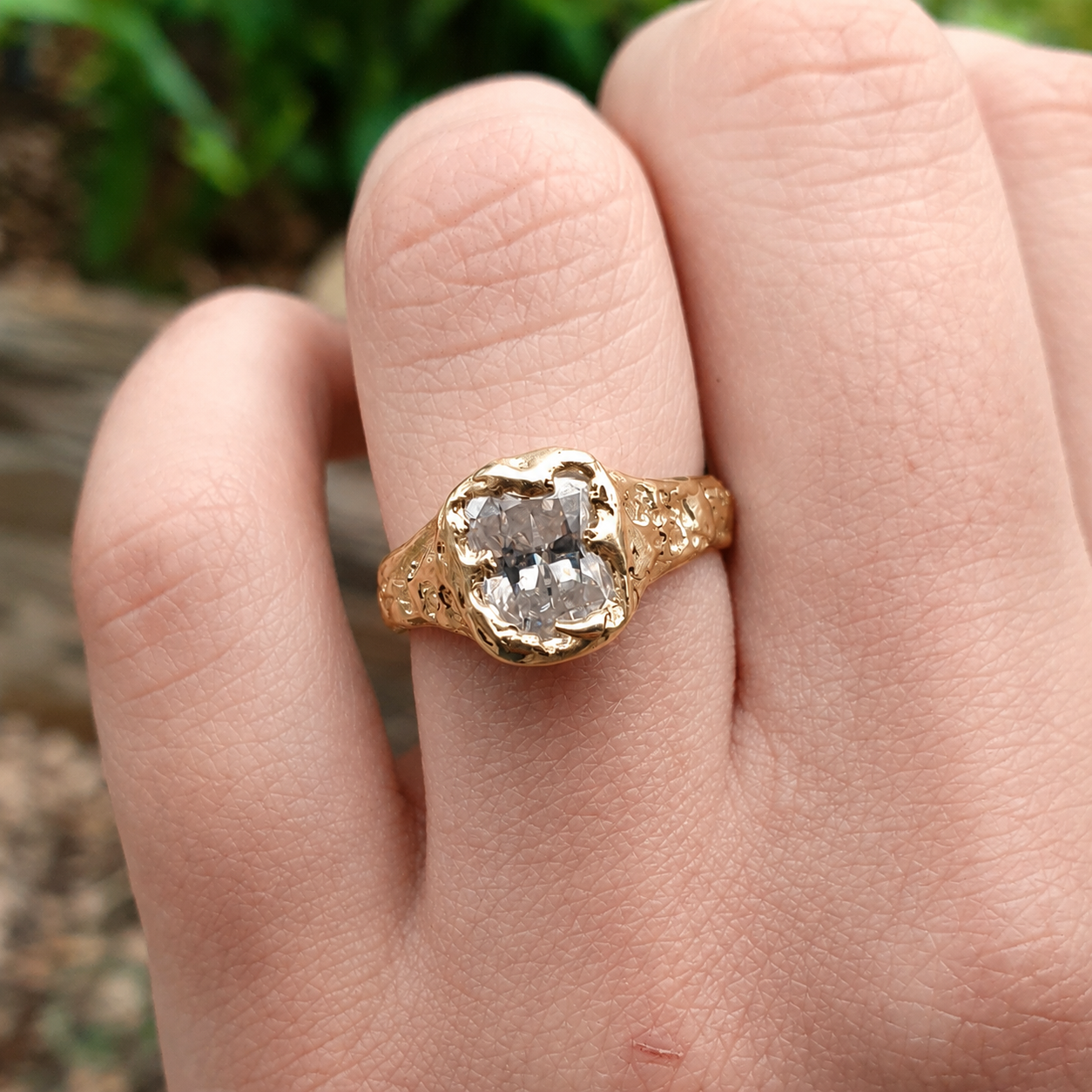 Beloved gold organic ring 2ct Moissanite radiant cut