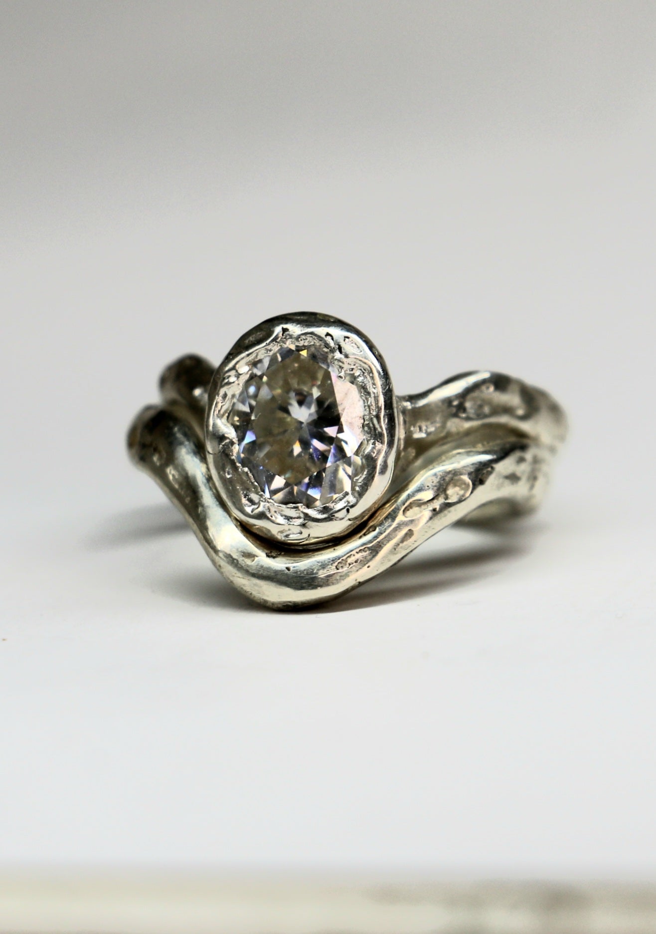 Ember silver organic ring .8ct Moissanite