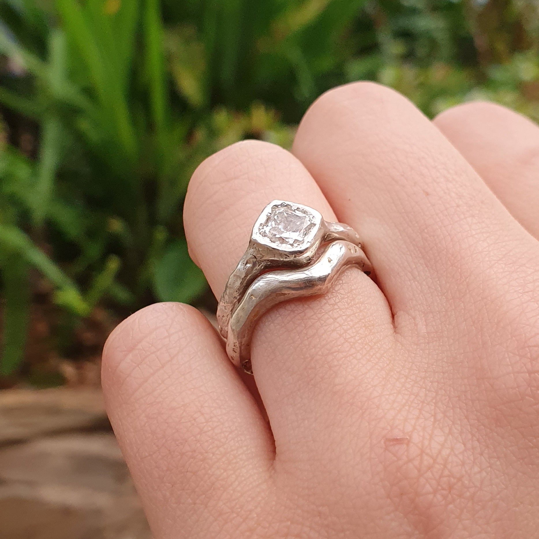 'V' silver Stacking ring organic textured finish