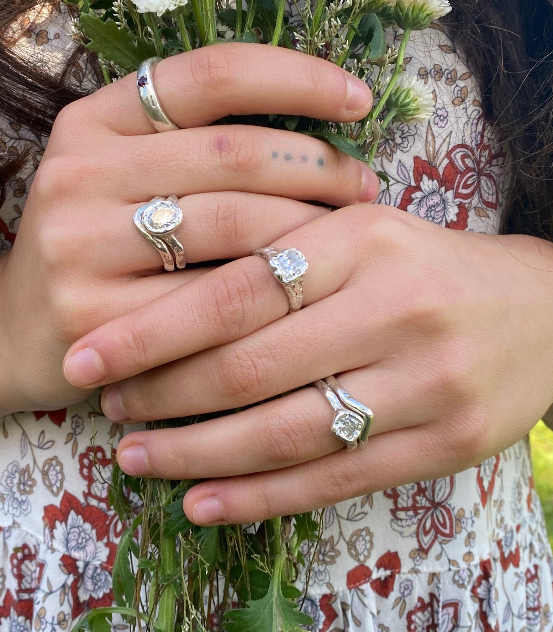 Beloved silver organic textured ring with Moissanite