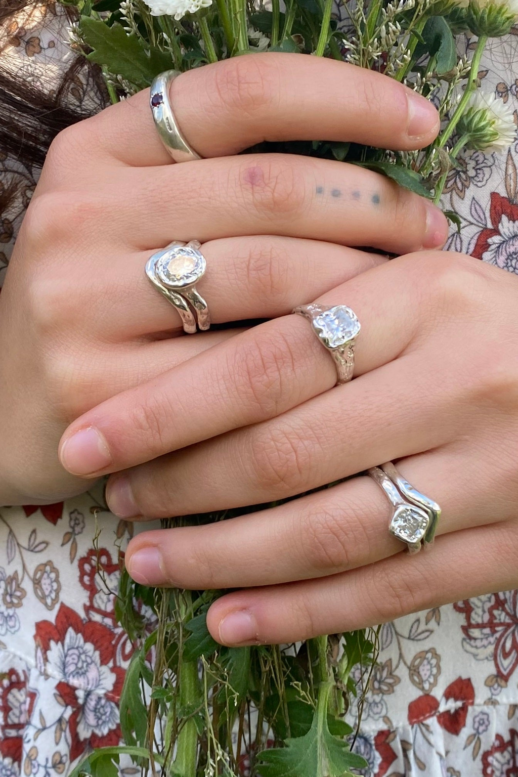 Beloved silver organic textured ring with Moissanite