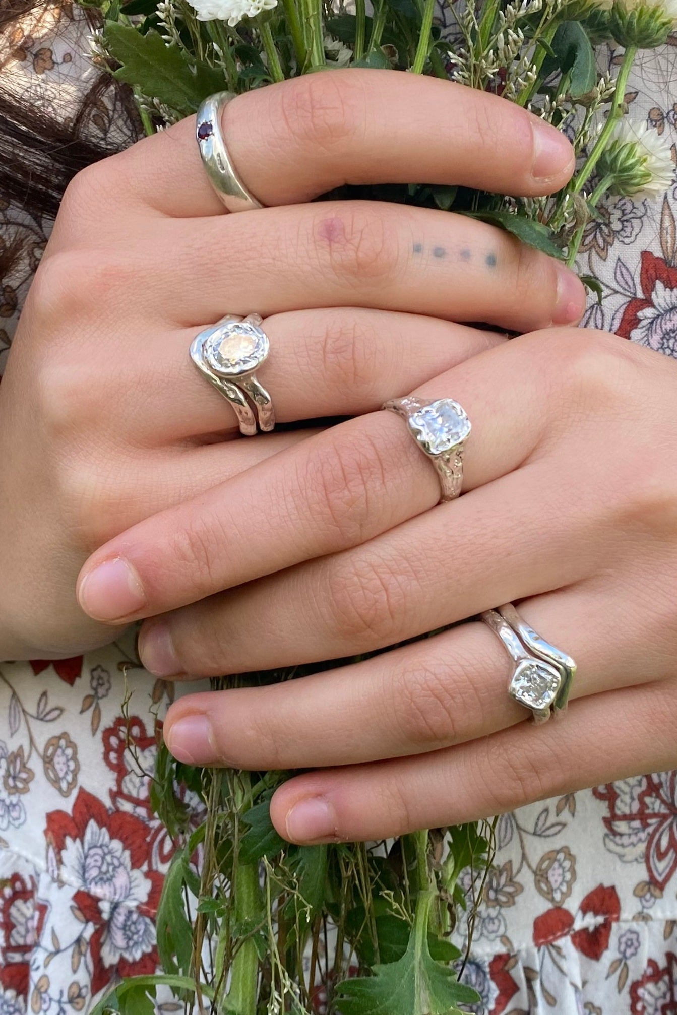 Beloved silver organic textured ring with Moissanite