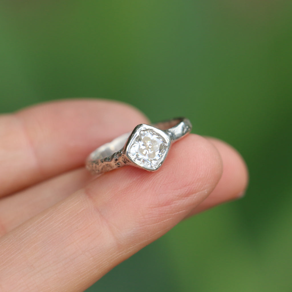 Cherish silver organic ring 1ct Moissanite cushion cut