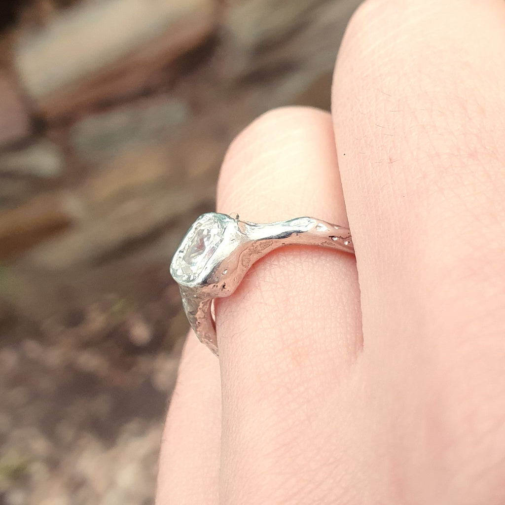 Cherish silver organic ring 1ct Moissanite cushion cut