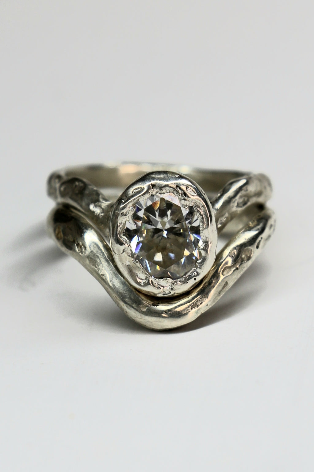Ember silver organic ring with oval Moissanite size 6