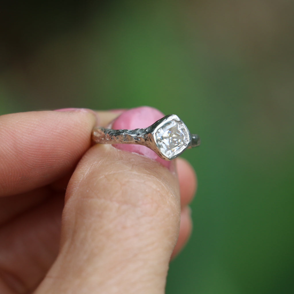Cherish silver organic ring 1ct Moissanite cushion cut