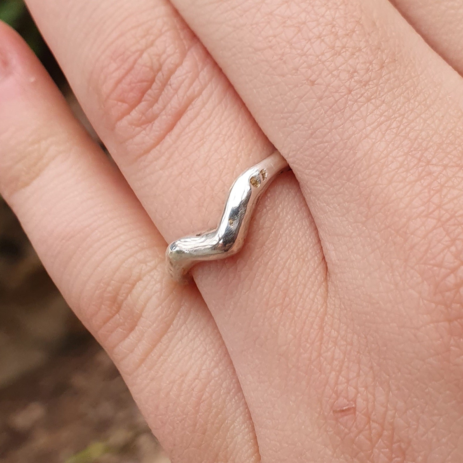'V' silver Stacking ring organic textured finish