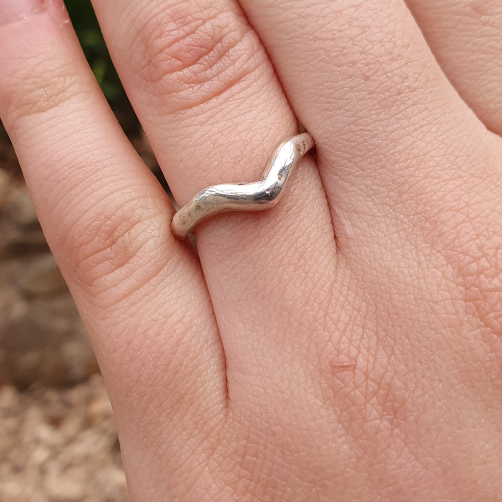 'V' silver Stacking ring organic textured finish