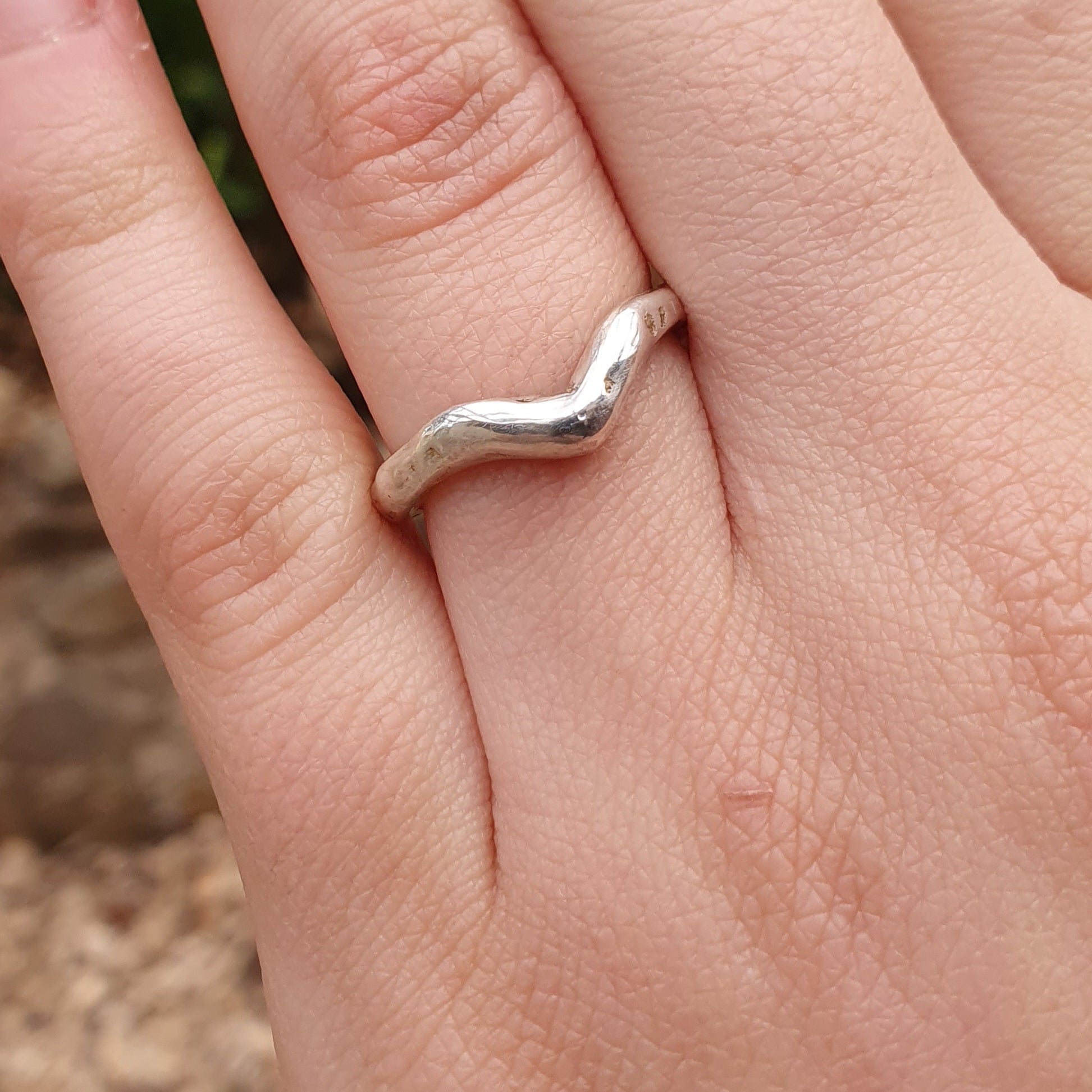 'V' silver Stacking ring organic textured finish
