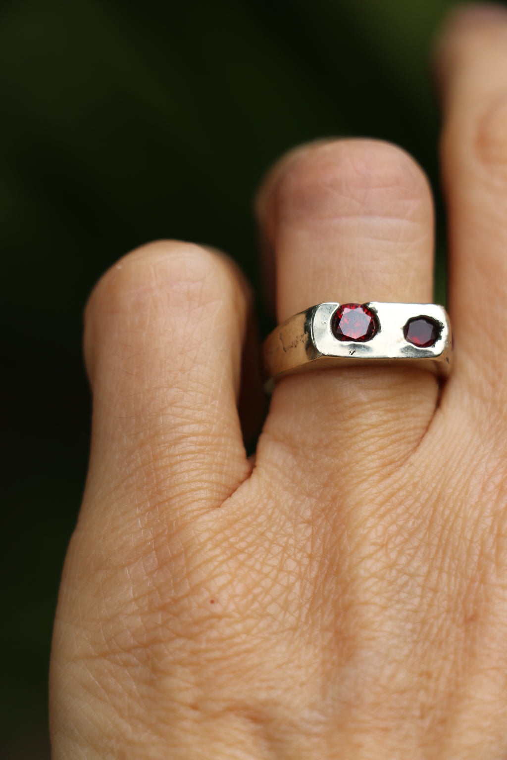 Bronze sandcast Signet Ring with garnet zircon Size 6