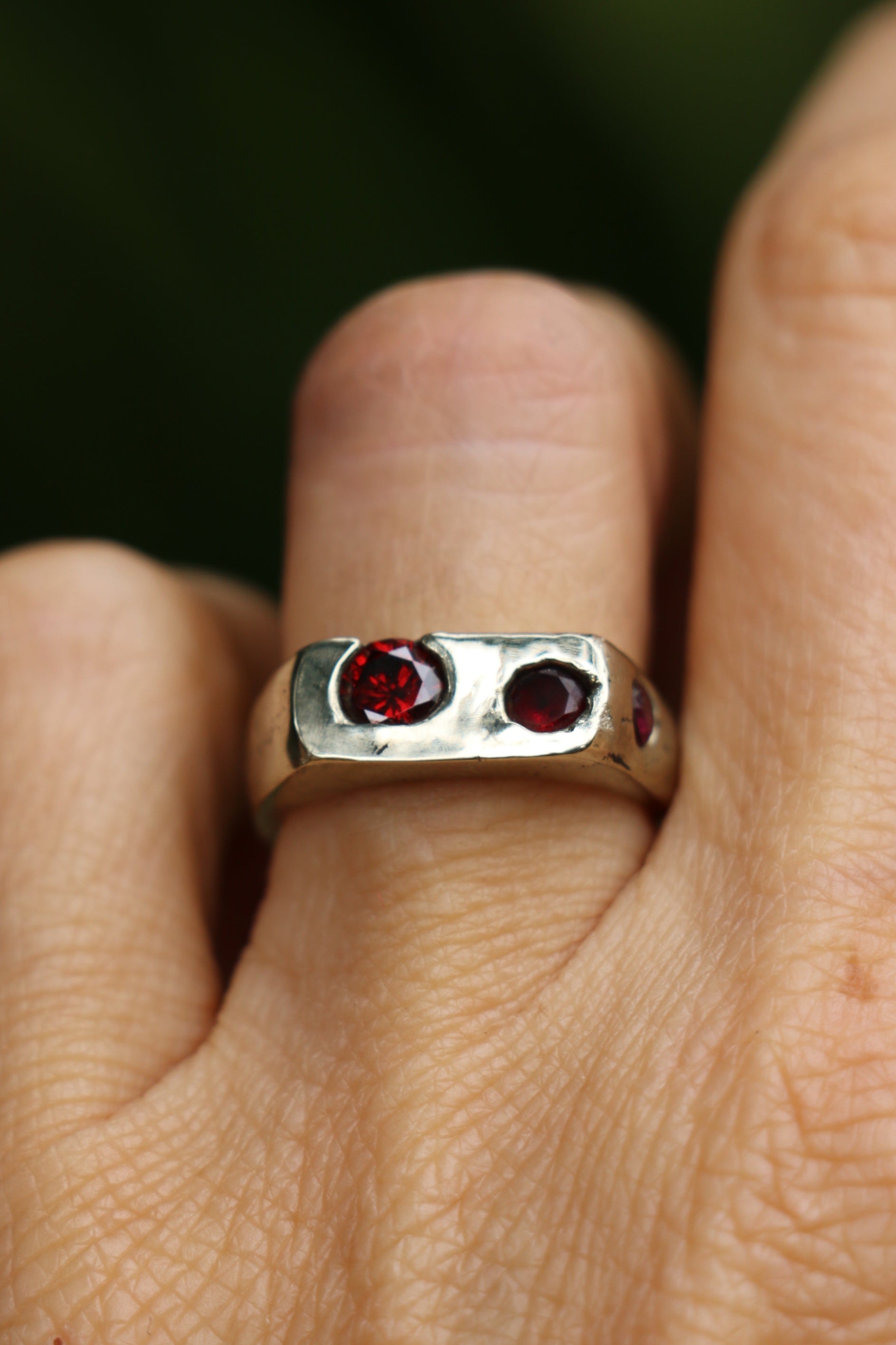 Bronze sandcast Signet Ring with garnet zircon Size 6