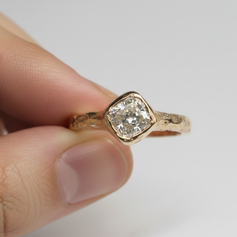 Cherish 9ct gold organic ring 1ct Moissanite cushion cut