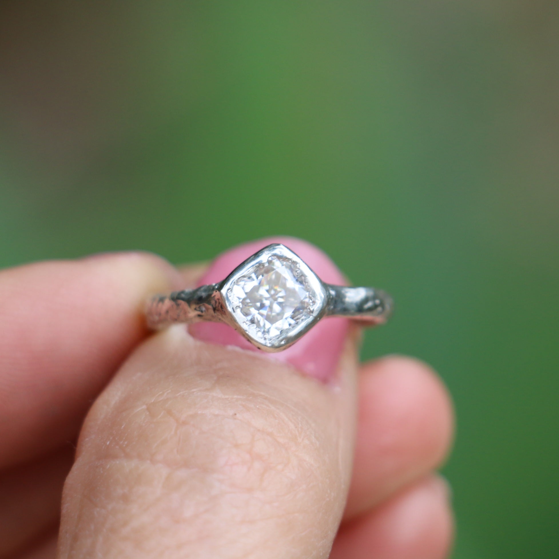 Cherish silver organic ring 1ct Moissanite cushion cut