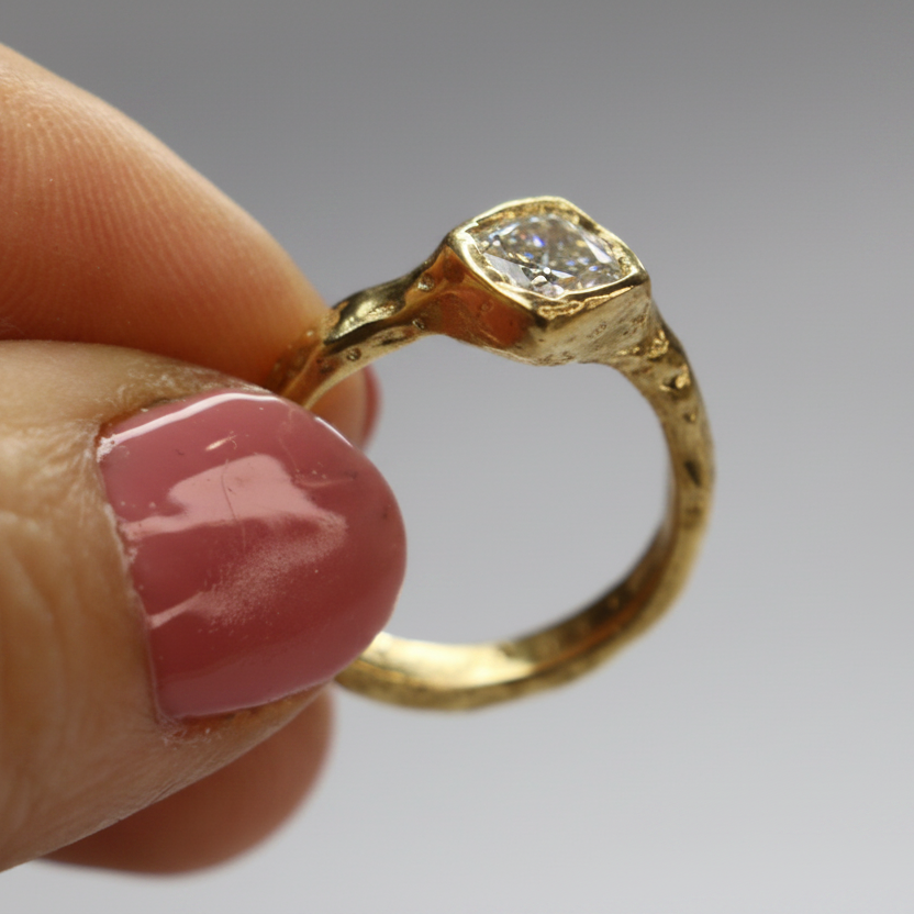 Cherish 9ct gold organic ring 1ct Moissanite cushion cut