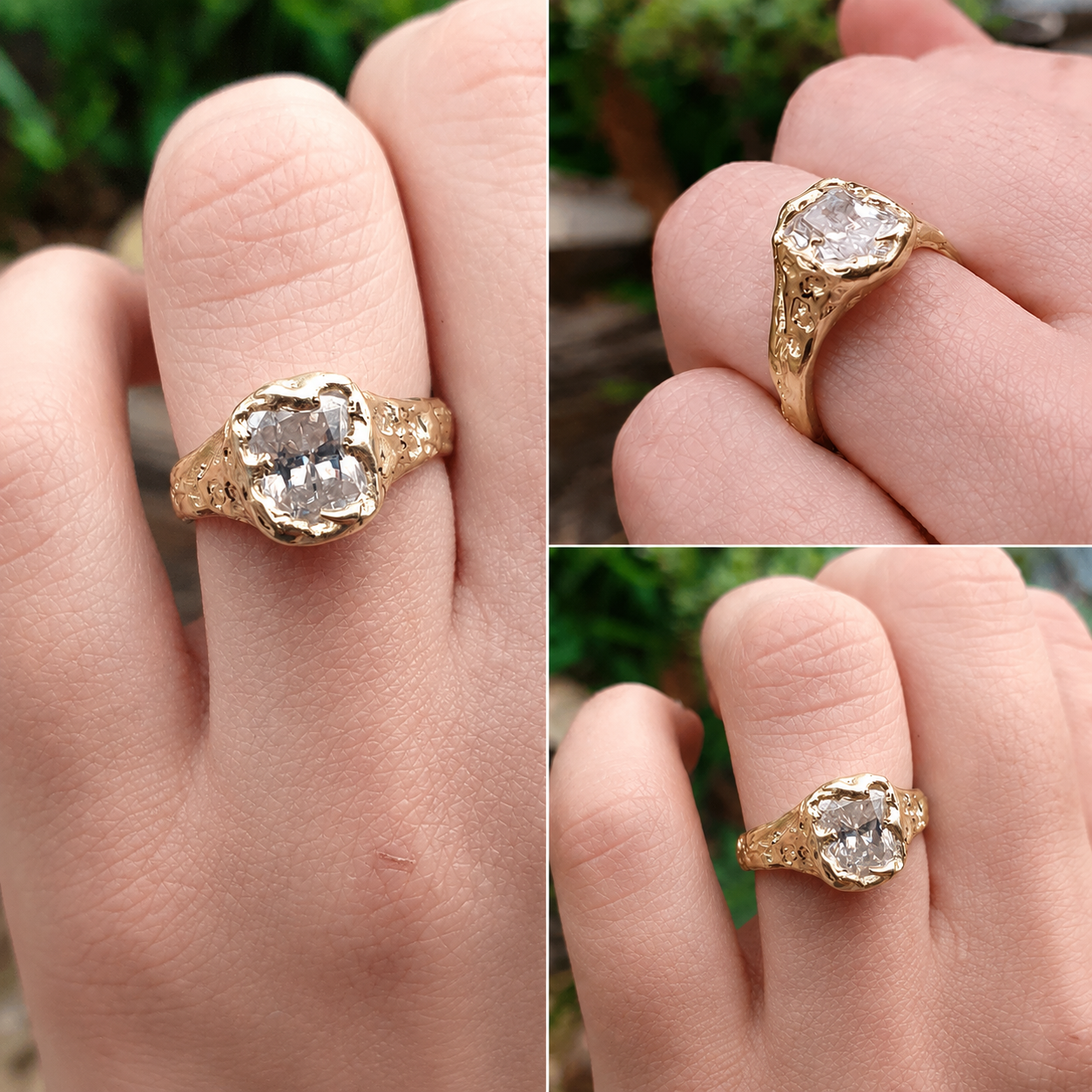 Beloved gold organic ring 2ct Moissanite radiant cut