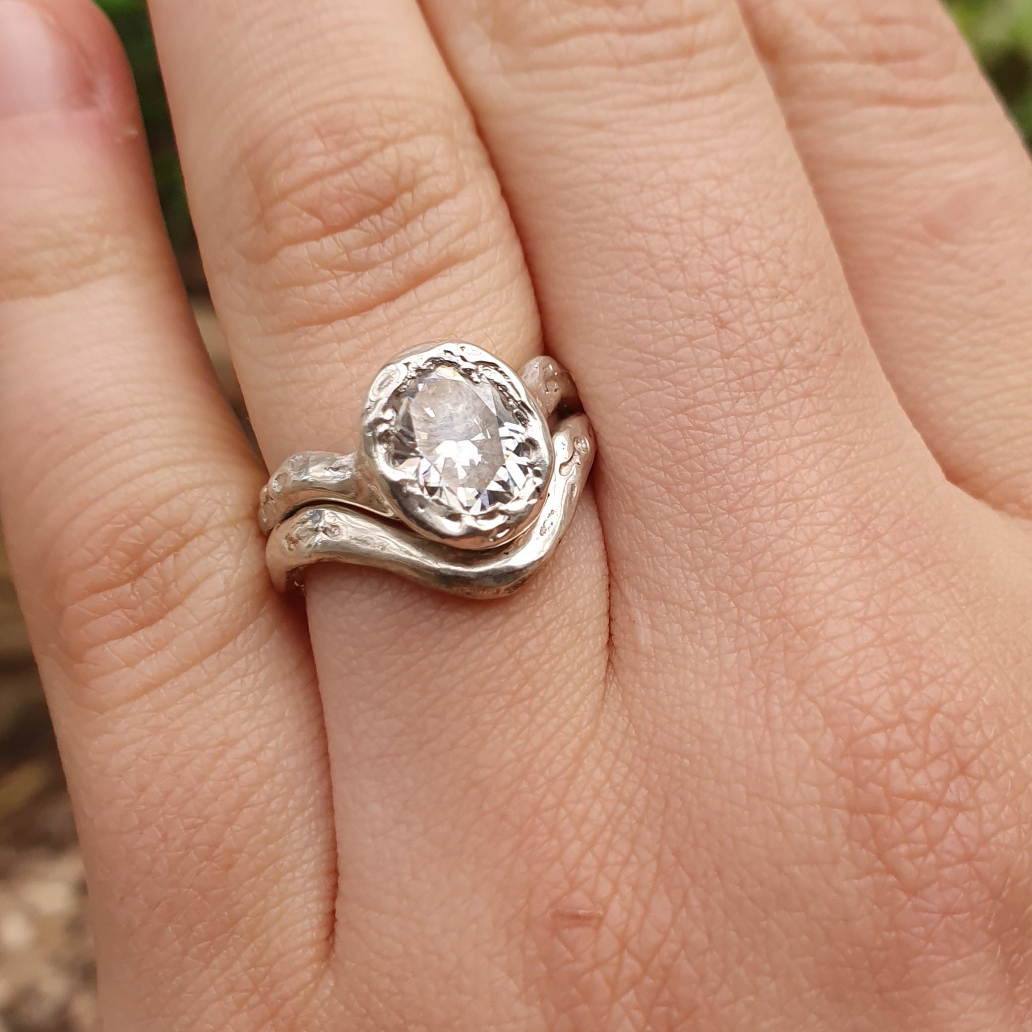 'U' silver Stacking ring organic textured finish