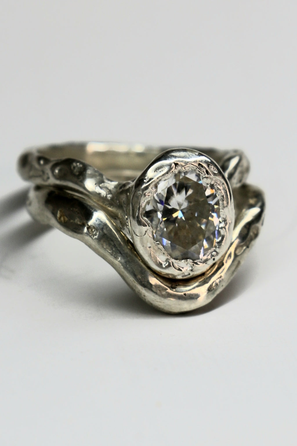 Ember silver organic ring with oval Moissanite size 6