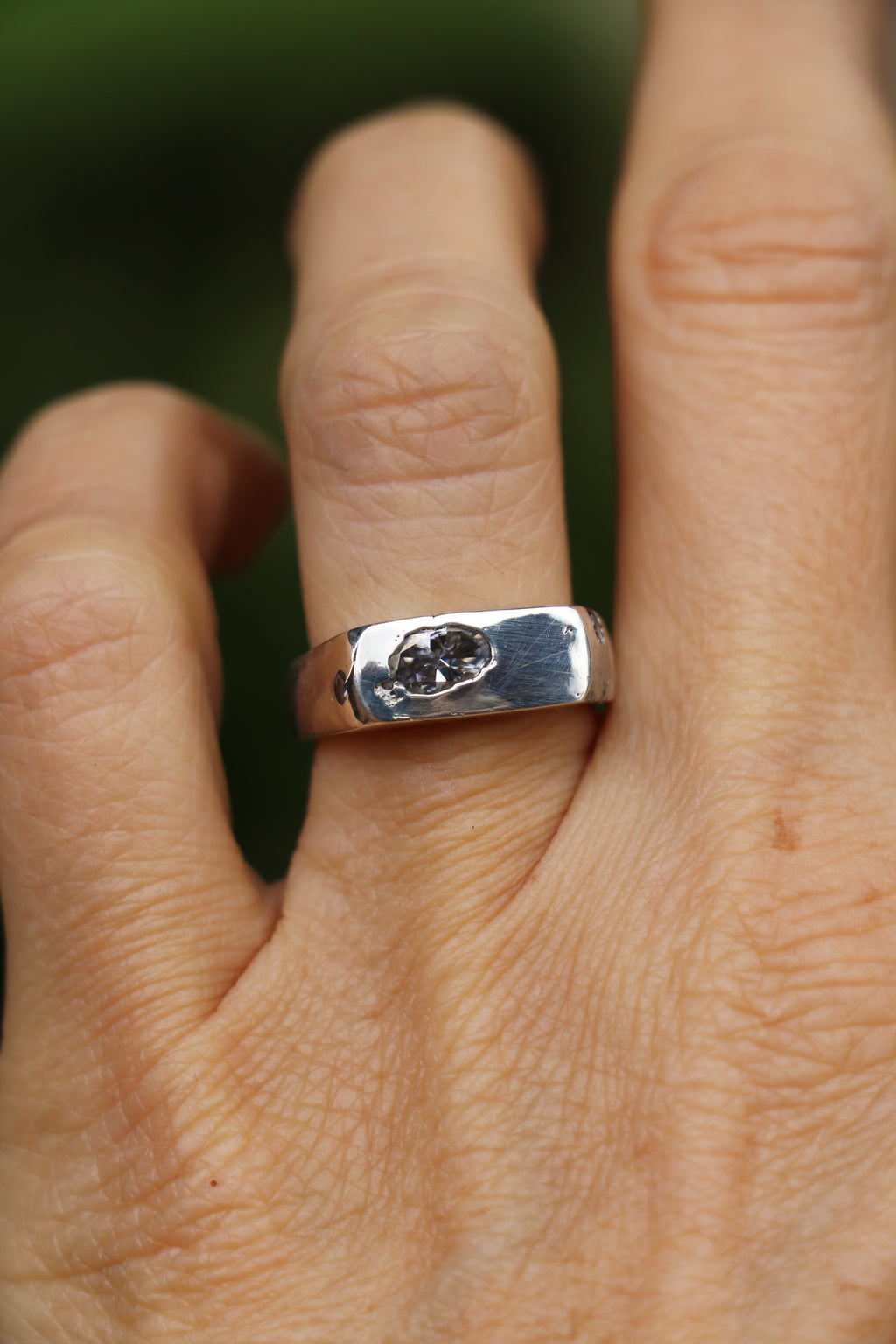 Royal Signet Ring stirling silver sandcast with moissanite Size 6