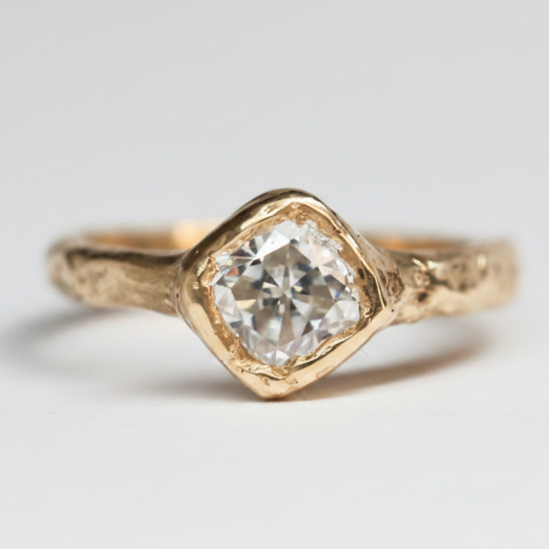 Cherish 9ct gold organic ring 1ct Moissanite cushion cut
