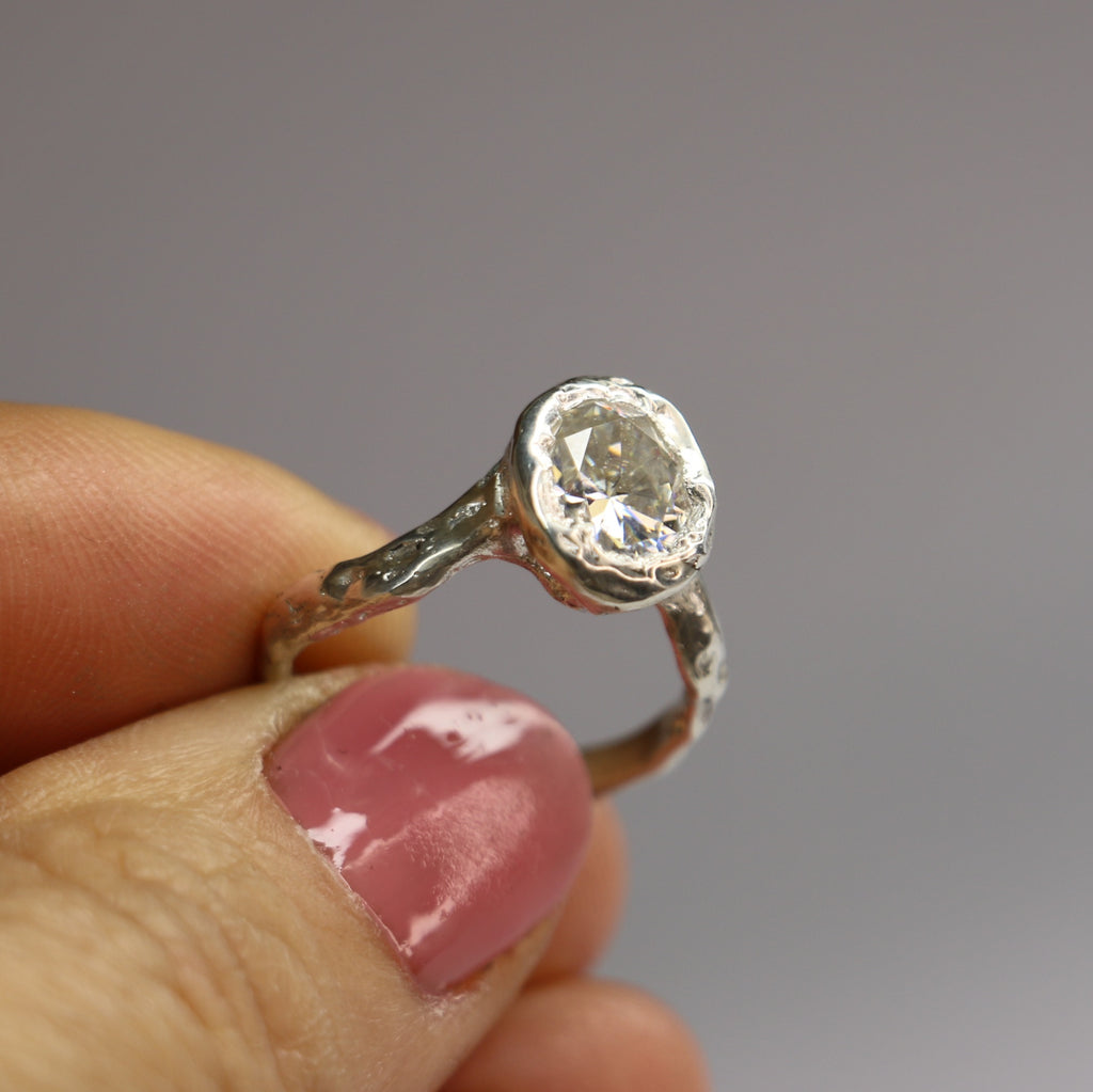 Ember silver organic ring .8ct Moissanite