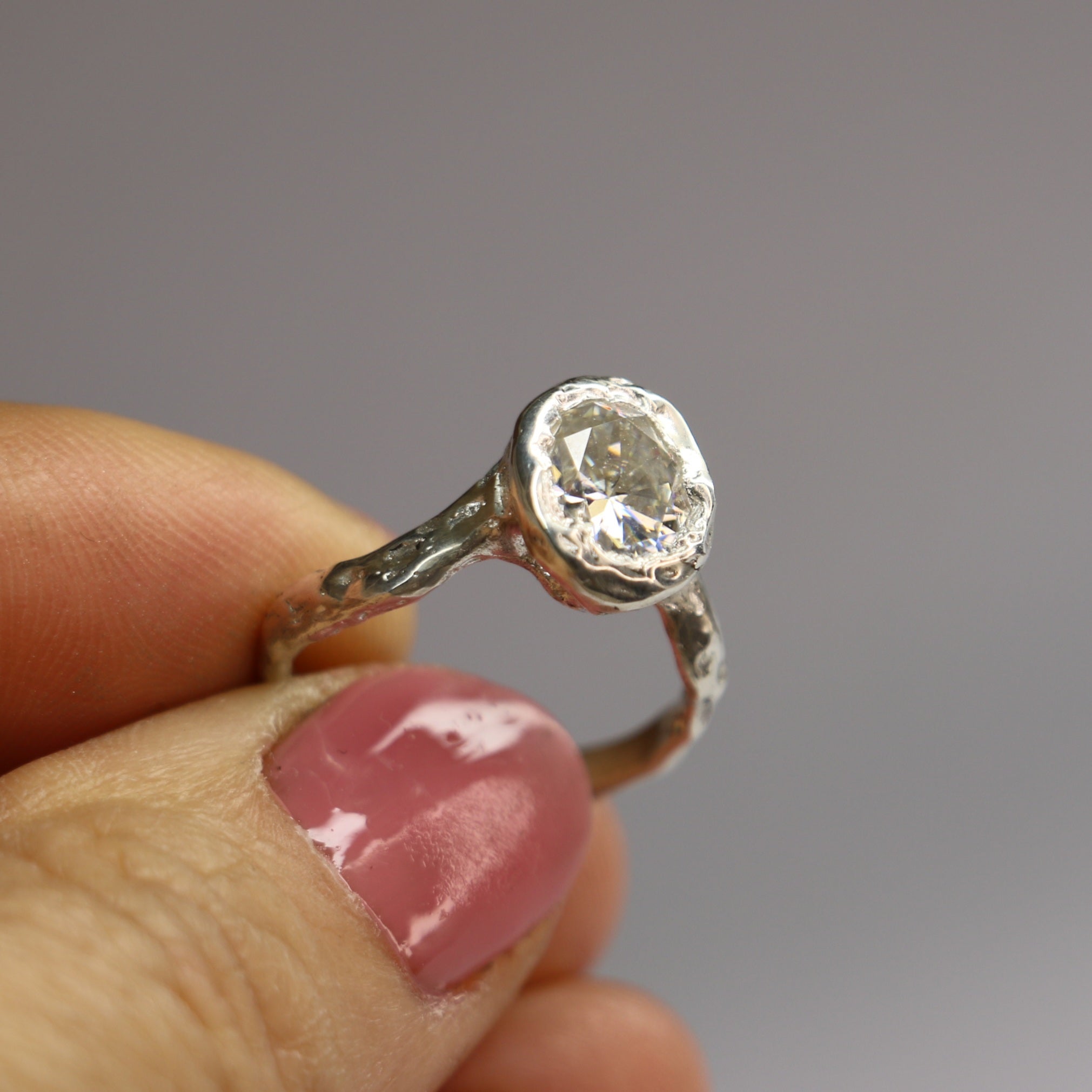Ember silver organic ring .8ct Moissanite