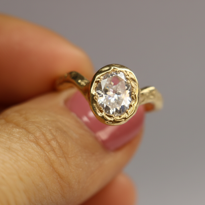 Ember 9ct organic ring .8ct Moissanite