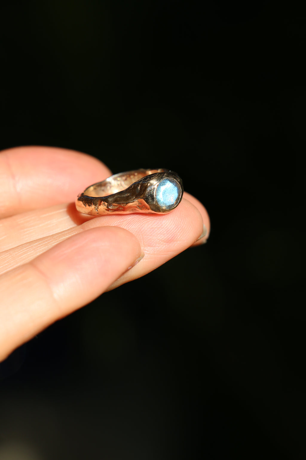 Labradorite 9ct gold organic ring |sandcast textured unique engagement ring