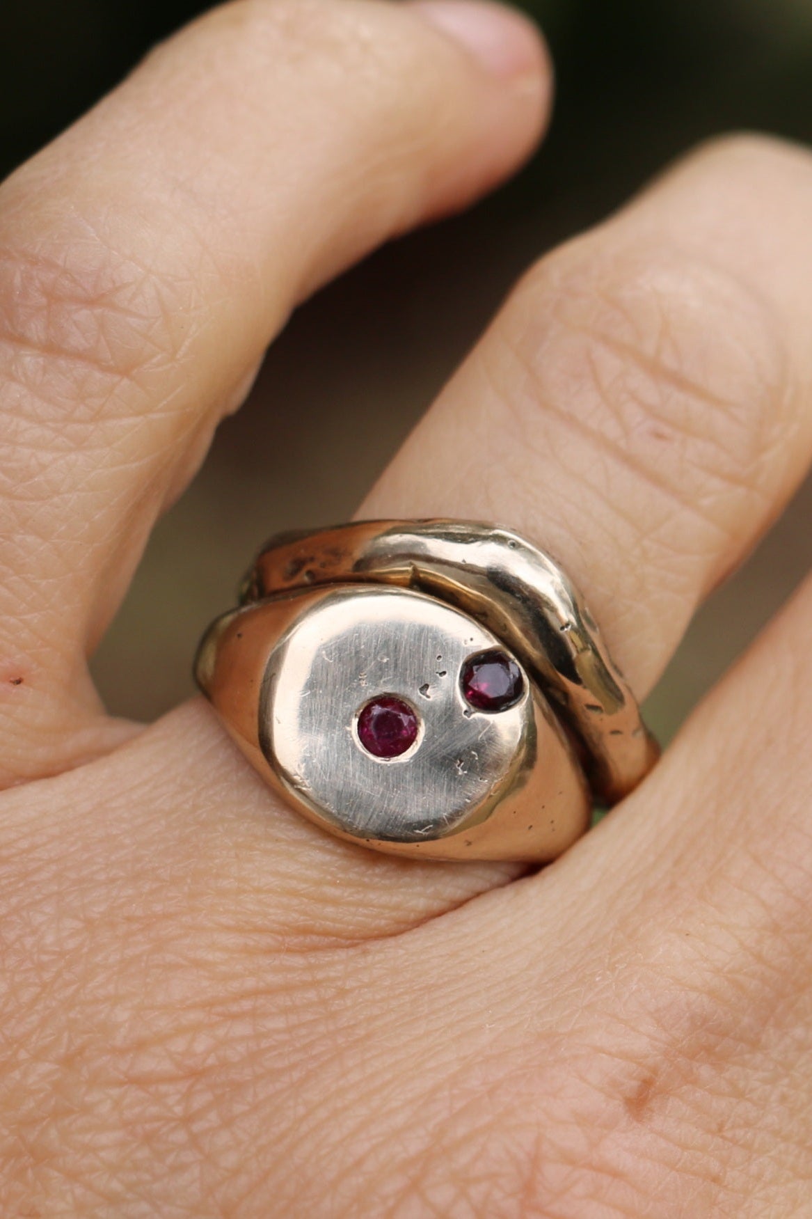 Lunaris Round organic signet ring with ruby silver, bronze or gold