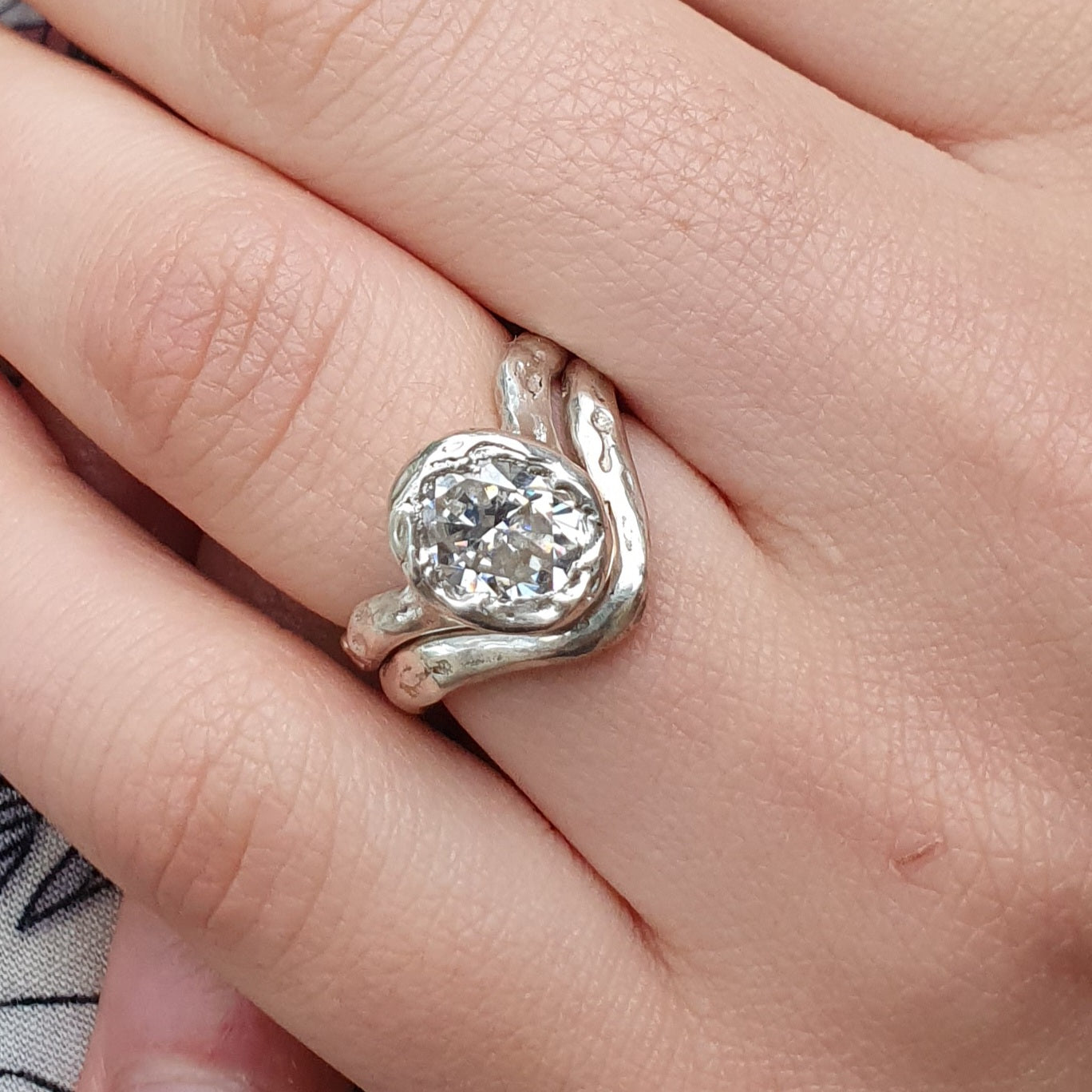 'U' silver Stacking ring organic textured finish