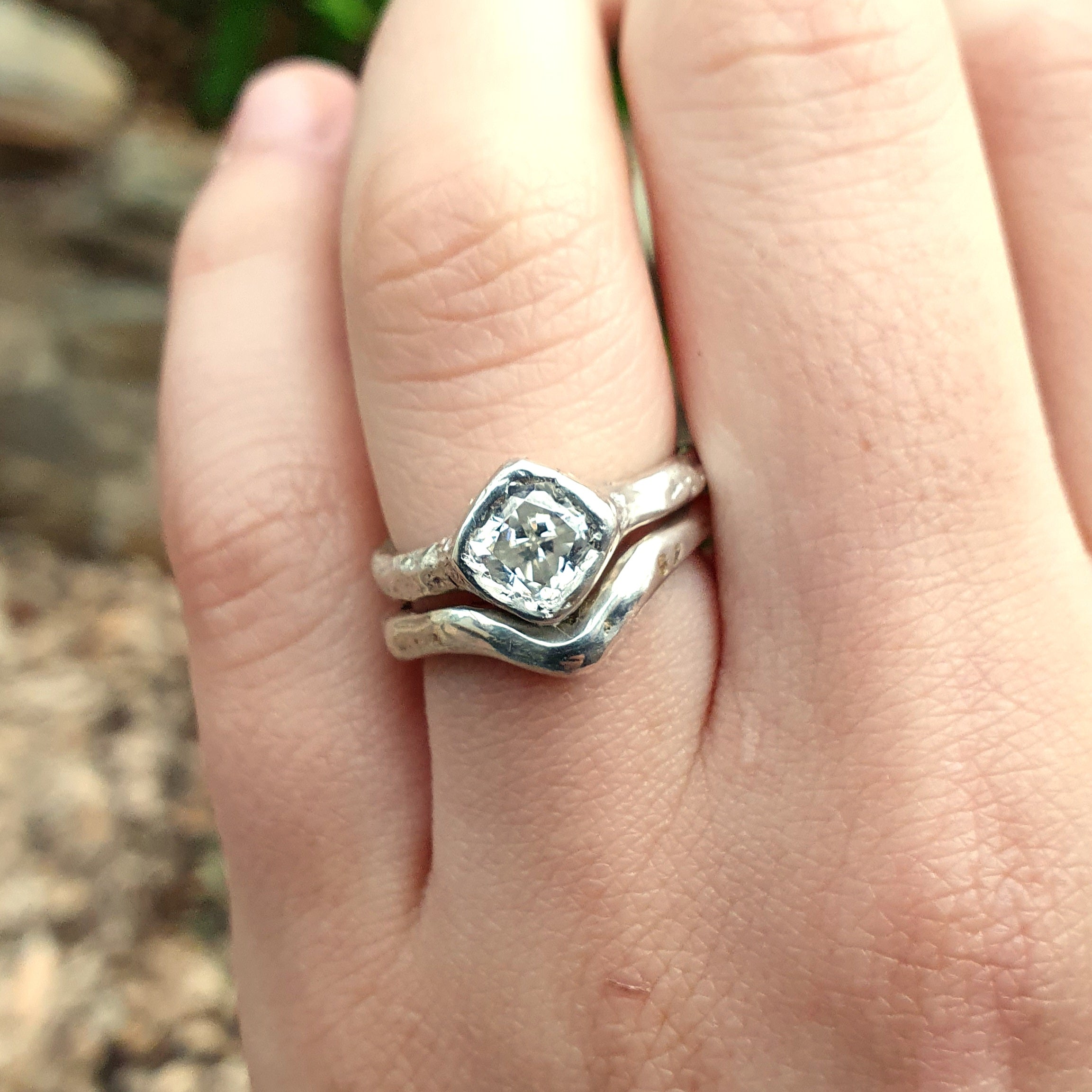 'V' silver Stacking ring organic textured finish